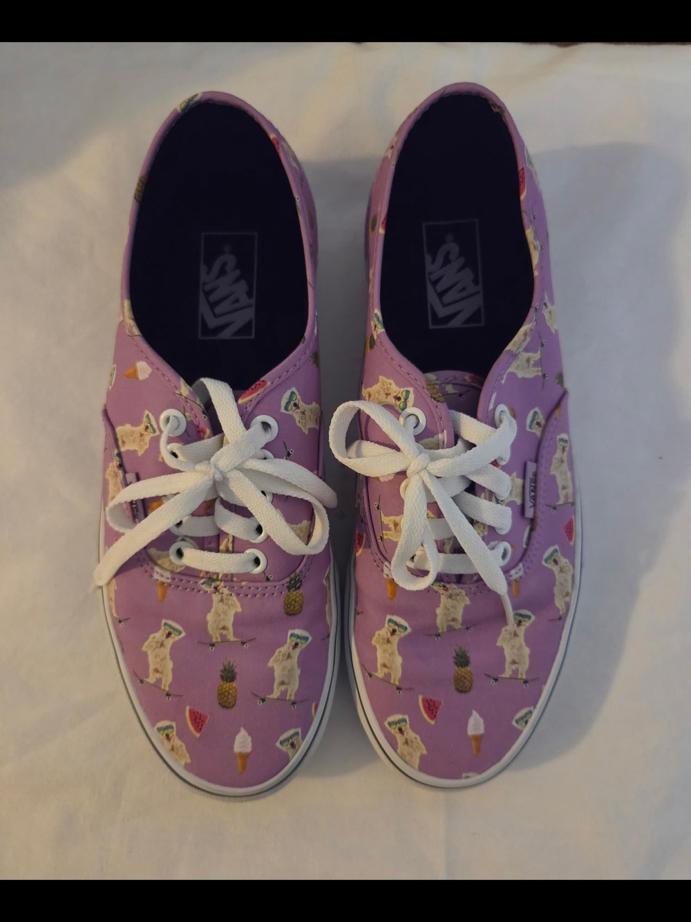 Vans Women's Or Mens Lavender Canvas Sneakers with Dog & Ice Cream Print